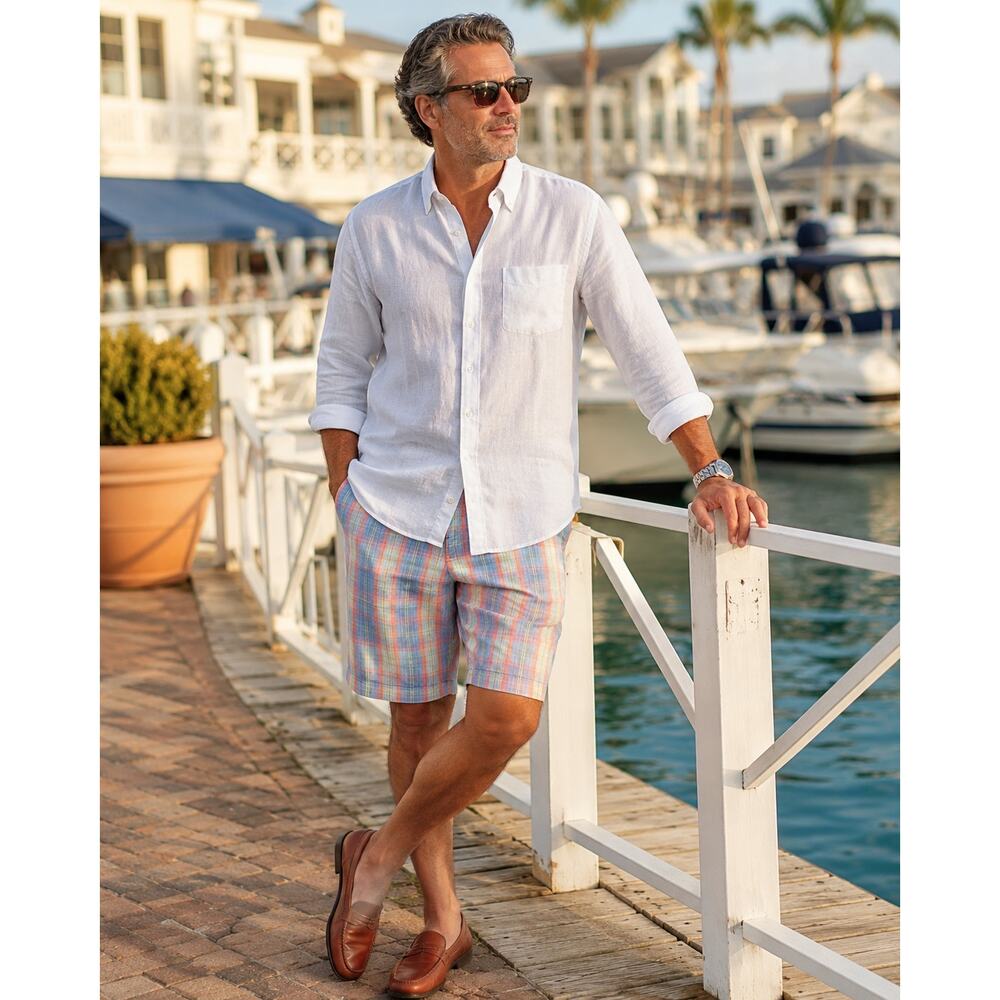 Tommy Bahama Linen Blend Shorts Mens 38 Plaid Pastel Coastal Resort Casual